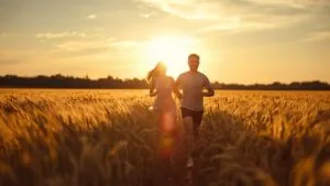 Couple Running Through Wheat Field Summer Joy