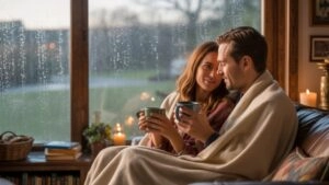 Couple Sharing Coffee on a Rainy Morning