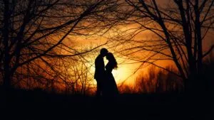 Couple Silhouette Tree Branches Winter Day Contrast