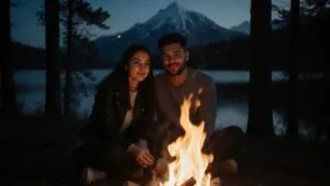 Couple Sitting Beside Campfire in Forest