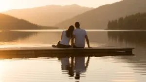 Couple Sitting by Lake with Reflections
