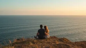 Couple Sitting Together on a Cliff Overlooking the Sea