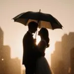Couple Under Large Umbrella City Rain Noir Style