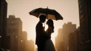 Couple Under Large Umbrella City Rain Noir Style