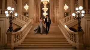 Couple Walking Down Stairs Grand Hall Elegant