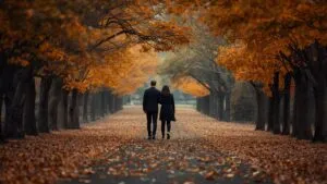 Couple Walking Together in Autumn Park