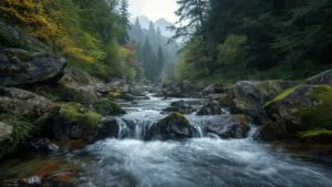 Creek Water Flowing Mossy Rocks Forest Tranquil Scene