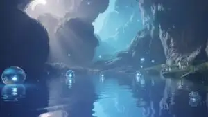 Crystal Lake With Floating Light Orbs
