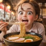 Cute Anime Girl Enjoying Hot Ramen Bowl