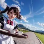 Cute Anime Maid Serving Tea Under Bright Blue Sky