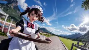 Cute Anime Maid Serving Tea Under Bright Blue Sky