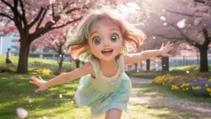 Cute Manga Girl Smiling in Sunlit Park