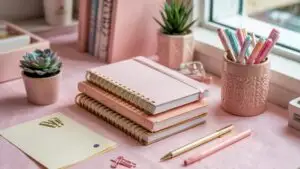Cute Stationery Items on Pastel Desk Layout