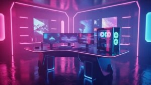 Cyberpunk Gaming Room Neon Pink and Blue