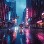 Cyberpunk Neon City Streets Rain View