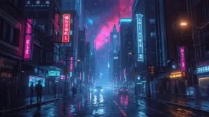 Cyberpunk Street Scene Rainy Neon City