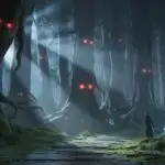 Dark Forest Path With Red Eyes Watching