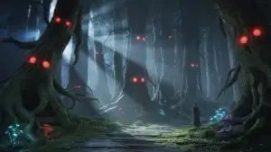 Dark Forest Path With Red Eyes Watching