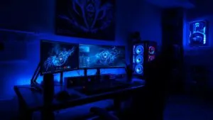 Dark Gaming Setup With Blue RGB Lights