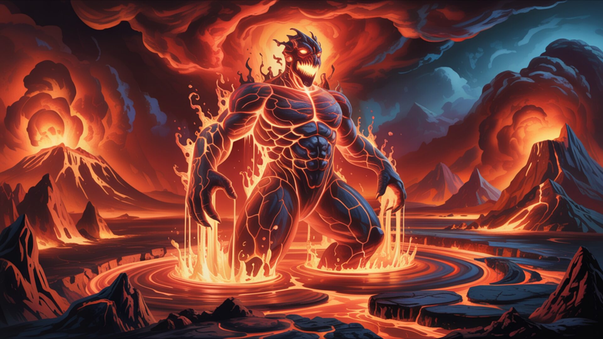 demon rising from lava pool wallpaper, fantasy, dark tones, dramatic red, epic energy, fantasy hell, fire creature, lava demon, volcanic scene, desktop, mobile, background