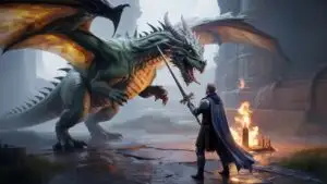 Dragon and Knight Facing Each Other