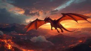 Dragon Flying Over Burning Mountains