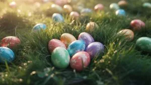 Easter Eggs on Grass With Morning Light