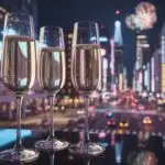 Elegant Moment: Champagne Glasses with Festive City Lights