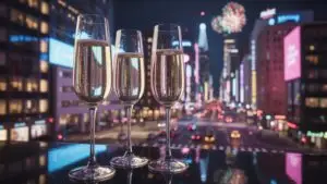 Elegant Moment: Champagne Glasses with Festive City Lights