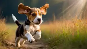 Energetic Beagle Puppy bounding Through Golden Grass