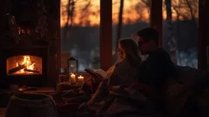 Fireplace Cozy Blanket Couple Reading Book Warm