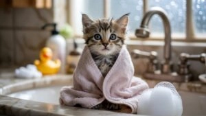 Fluffy Kitten Puppy Eyes Bath Time Cuddle