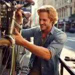 Focused Man Bike Repair Urban Street Garage Scene