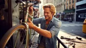 Focused Man Bike Repair Urban Street Garage Scene