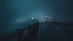 Fog Covering City Bridge at Night