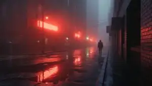 Foggy City Street with Red Lights