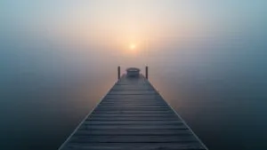 Foggy Morning Lake Dock Solitary Boat
