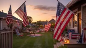 Fourth of July Flags and Sunset Backyard Scene