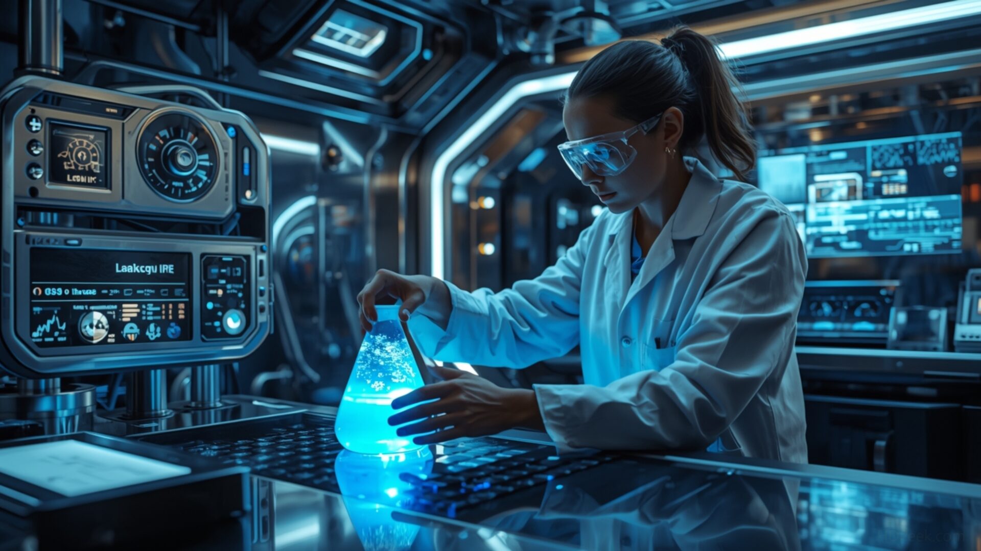 futuristic lab experiment glowing liquid wallpaper, space & science, experiment, futuristic lab, glowing liquid, science, tech, desktop, mobile, background