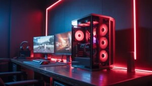 Gamer Setup With Tower PC and Red RGB