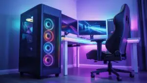 Gaming Chair Next to RGB PC Tower