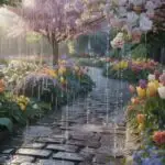 Gentle Atmosphere: Spring Rain on a Blooming Path
