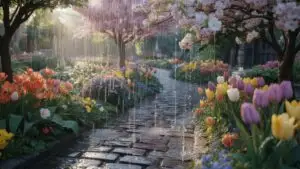 Gentle Atmosphere: Spring Rain on a Blooming Path
