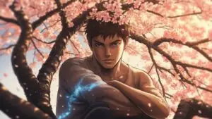 Gentle Spring Vibe: Anime Boy Under a Blooming Sakura Tree