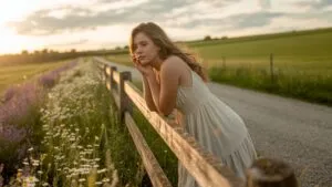 Girl Leaning on Fence by the Countryside