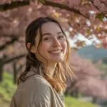 Girl Smiling Under Cherry Blossoms