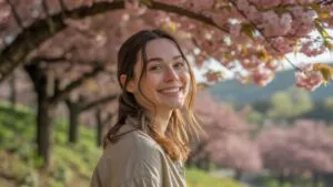 Girl Smiling Under Cherry Blossoms