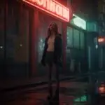Girl Standing Under Neon Sign in Rain