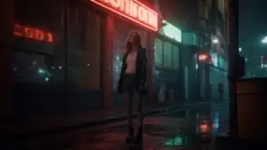 Girl Standing Under Neon Sign in Rain
