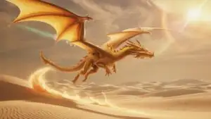 Golden Dragon Flying Over Desert Dunes